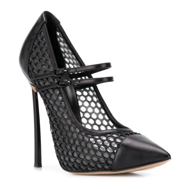 Mesh Strap Metal - Sexy Mesh Patchwork Pointed Toe Blade