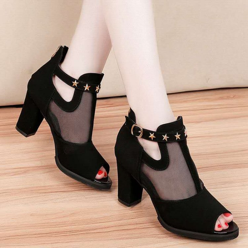Mesh Peep Toe Block High Heels - Mesh Strap Metal 评论和价格